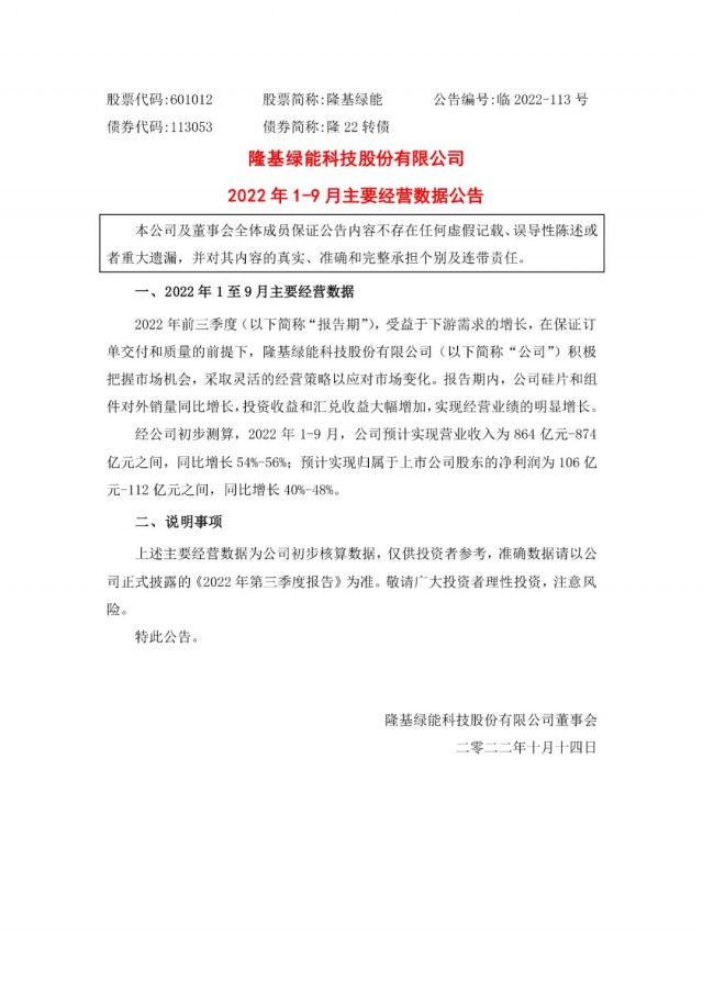 隆基綠能:營收或超864億,預計前三季凈利或在106億元-112億元之間