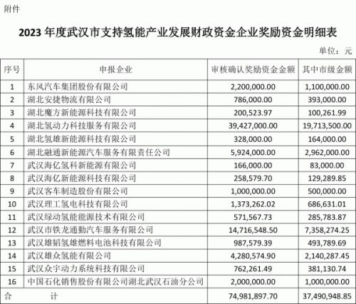 7500萬元 武漢公布氫能產業扶持資金結果